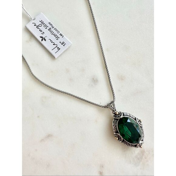 Emerald green crystal oval pendant necklace with sterling silver and 14 gold pla - Picture 3 of 14